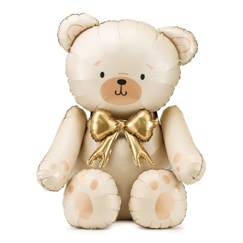 Giant Teddy Bear Foil Balloon PartyDeco 29.5x33 Inch – Cute Cream Bear Balloons with Gold Bow for Baby Shower, Birthday Kids, Gender Reveal Neutral Party Decor