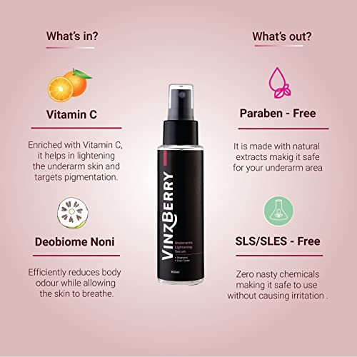 Image of VinzBerry Underarms Lightening Serum with Vitamin C and Deobiome Noni | Brightening Serum Spray for Dark Spot Removal and Skin Lightening | Body Self Care Product for Women & Men - 100ml (Pack of 1)