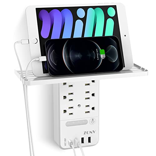 Wall Outlet Extender Surge Protector USB C 6AC Outlets Multi Plug Outlet with Shelf Convenient Placement for Mobile Phones for Home Office Dorm