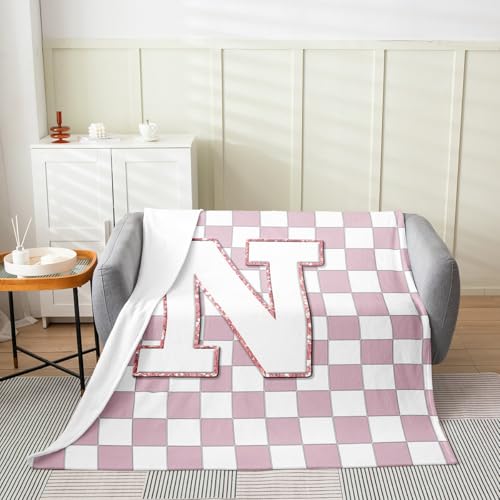 Image of Erosebridal Pink Initial N Flannel Blanket Kawaii Plaid Checkered Fuzzy Plush Throw Cute Personalized Monogram Fleece Blanket for Kids Girls,Fashion Grids Gingham Decor for Bed Couch Queen 90 inchx90 inch