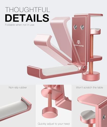Image of Foldable Headphone Stand and Hook - Aluminum Headset Holder Clamp Mount Under Desk, Universal Fit for Gaming Headphones, Space-Saving Hanger Organizer
