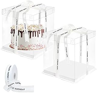 2 Pcs Transparent Cake Box 8 Inch Clear Plastic Gift Cake Boxes for 8inch Cake Plastic Display Boxes with Happy Birthday Ribbon Transparent Cube Boxes 26x26x25cm Bakery Packaging Box for Dessert Gifts