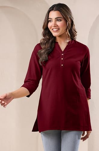 Image of Janasya Women's Light Blue Linen Cotton Solid A-line Top