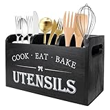 Portautensili da cucina con 3 Scomparti & Fori Drenaggio, Organizer Utensili Legno Porta M...