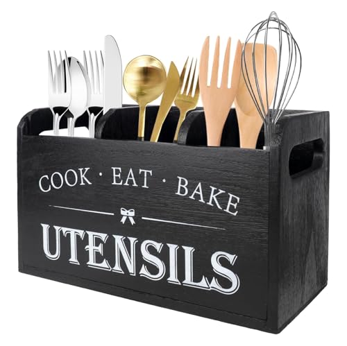 Soporte Utensilios Cocina Con 3 Compartimentos Parte Inferior Drenaje, Bote Organizador De Cocina Madera, Almacenamiento Cubiertos Granja Para Decoración Encimera, Herramientas, Cucharas, Espátulas