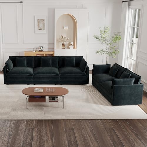 mikibama Luxury 2 Piece Cloud Couches Set, Modern Upholstered Chenille 3 Seater and Loveseat Sofa Set with 9 Pillow for Living Room Bedroom Office Apartment, Black