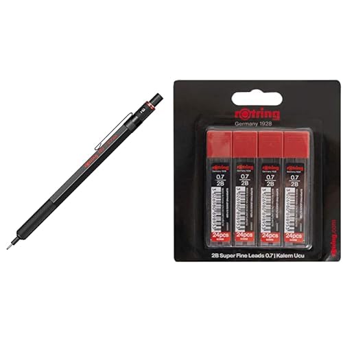 rOtring 500 Mekanik Kurşun Kalem, 0, 7 mm, Siyah + Rotring Super Polimer Kurşun Kalem Ucu (2B), 4'lü Paket, 0.7 mm