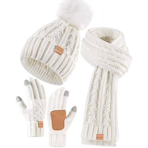 Womens Beanie Hat Scarf Gloves Set, Fleece Lined Winter Hat with Pom Pom, Long Knit Scarf Touchscreen Gloves for Cold Weather