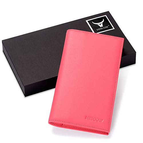 Image of HISCOW Slim Leather Checkbook Cover for Personal Checks, Premium Pink, One Size | Full grain cowhide, transaction register & check book pockets, removable duplicate divider, durable stitching, gifts for men
