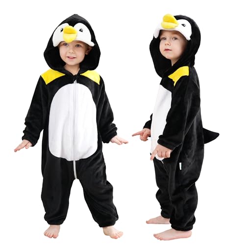 LOLANTA Déguisement de Pingouin Unisexe pour Bébé, Animal Combinaison en Flanelle à Capuche Barboteuse Enfant, Costume de Carnaval (2-3 Ans,Tag 100)