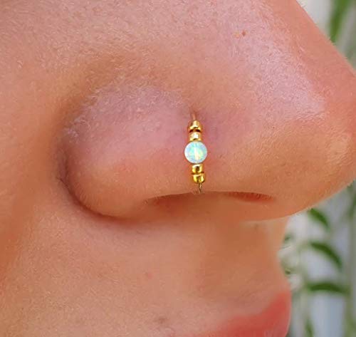 Tiny White Opal Nose Ring Hoop 24 G Nose Hoop Piercings - 14K Gold Filled white Opal Nose rings