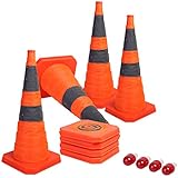 Sunnyglade [4-Pack] 28 inch Collapsible Traffic Cones with LED Light Multi Purpose Pop up Reflective Safety Cone (Orange x4)