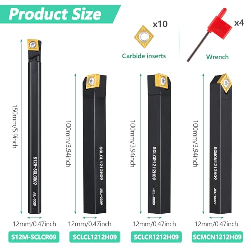 Donken Drehmeißel Set 12mm, 4er Drehmeißel aus Hartmetall, S12M-SCLCR09, SCLCR1212H09, SCLCL1212H09, SCCMN1212H09 Bohrstange Drehwerkzeughalter mit CCMT09T304 und T15 Schraubenschlüsse