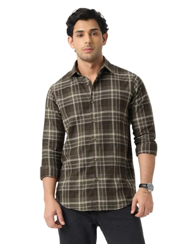 Chemise à carreaux Sepia en coton léger avec col étendu, coupe droite