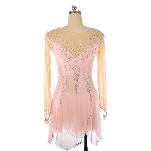 Vestido de patinação artística, rosa brilhante strass mangas na ponta dos dedos fantasia de competiç