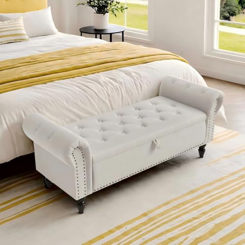 Clevich Ottoman Storage Bench, Velvet End of Bed Storage Box with Lid, Sturdy Wood Legs Footrest, 168KG Load Capacity, Sofa Bench for Bedroom/Living Room, 133x53x46cm