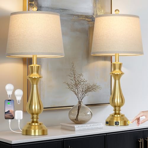 luxeflow Modern Gold Table Lamps Set of 2 for Living Room,30" Tall Bedside Lamp with USB Charging Port,3-Way Dimmable Touch Nightstand Lamp for Bedroom Desk Side Table Office,Gold
