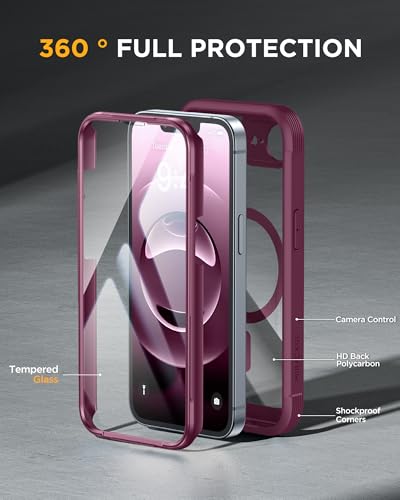 Image of Miracase for Phone 17e Case & iPhone 16e Case, Full-Body Phone with Built-in Glass Screen Protector, [Magnetic with MagSafe] Military Drop Proof 17 E / 16 E Cover Bumper 6.1 inch, Plum