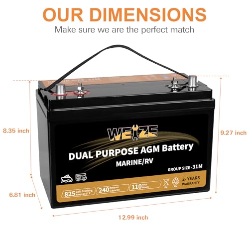 WEIZE BCI Group 31M Dual Purpose AGM Battery, 200RC 825CCA 12V 105AH Starter & Deep Cycle Sealed Marine & RV Battery - Thumbnail 2