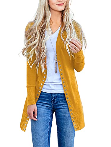 Merokeety Women's Long Sleeve Snap Button Down Solid Color Knit Ribbed Neckline Cardigans Mustard #TOP2
