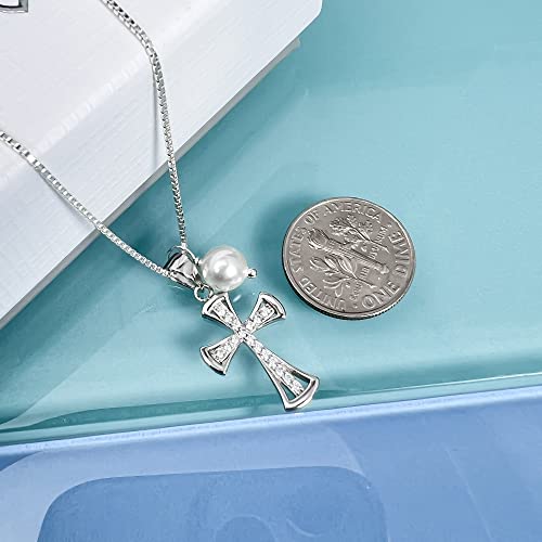 Sterling Silver Cross Necklace For Girls, First Communion Gift Necklace For Daughter, Silver Cross Necklace With Crystal Pearl #TOP4