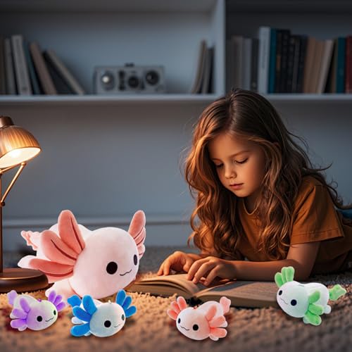Image of Axolotl Plush，Cute Axolotl Mommy Stuffed Animal with 4 Baby Axolotl Plushies in Tummy，Kawaii Axolotl Plush Toy Gift for Kids Girls Boys