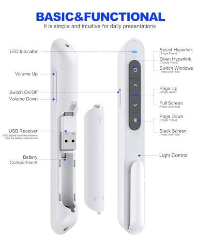 Image of DinoFire White USB C Presentation Clicker Wireless Presenter Remote for PowerPoint Presentations,Volume Control PPT Slide Advancer for Mac Laptop PC Computer