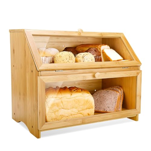 HOMEKOKO Double Layer Large Bread Box for Kitchen Counter, Wooden Large Capacity Bread Storage Bin