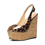 YODEKS Womens Cork Wedges Heel Sandals Peep Toe Platform Slingback High Heel Ankle Buckle Sexy Sandals Leopard 9 M US