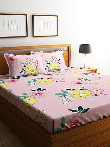 Image of Home Sizzler 144TC Garden Escape Pink Floral Double Bedsheet with 2 King Size Pillow Covers