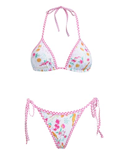 Image of Women's Triangle Bikini Set String Swimsuit Print Tie Smocked Ruched Two Piece Bathing Suit