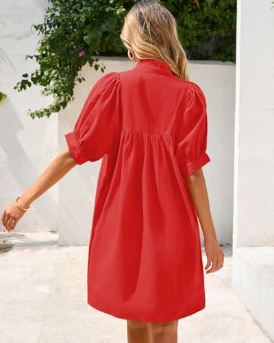 Image of YEXPINE Women's Ruffle Collar High Neck Mini Dress Puff Short Sleeve Cotton Babydoll Peplum Dresses with Pockets