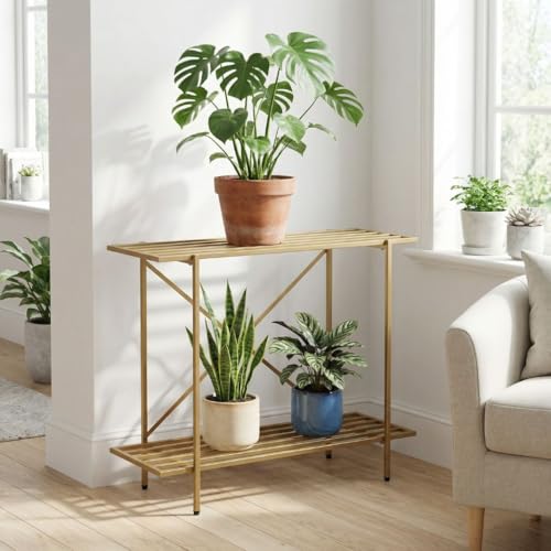 Image of ecofynd Eric Plant Stands for Outdoor Balcony, Flower Pot Stand for Indoor Plants, Large Metal Planter Stand for Living Room, home decor, Indoor & Outdoor plants, 2 Tier, (26 Inch, PS050-GO)