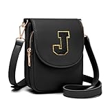 Viverte Crossbody Purse for Teen Girls Small Initial Cell Phone Toddler Purse Leather Triple Compartment Crossbody Bags Personalized Gifts for Teen Girls Preppy Cute Stuff (Black J)