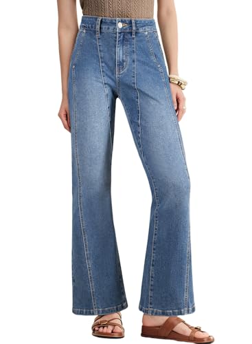 Astylish Women Stretchy Wide Leg Front Seam Flared Jeans High Rise Straight Baggy Denim Trouser with Slanted Pockets Sky Blue 8