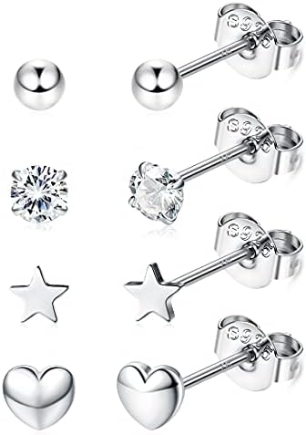 JeweBella 925 Sterling Sliver Tiny/Small Stud Earrings Set for Women Girls Cubic Zirconia Earrings Cartilage Helix Ear Piercing Star Ball Heart Earrings