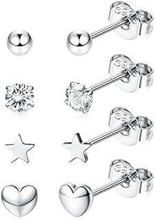 JeweBella 925 Sterling Sliver Tiny/Small Stud Earrings Set for Women Girls Cubic Zirconia Earrings Cartilage Helix Ear Piercing Star Ball Heart Earrings