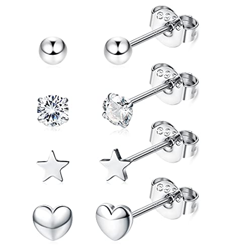 JeweBella 4 Paires Petites Clou Boucles d'oreilles en Argent Sterling 925 pour Femme et Fille...