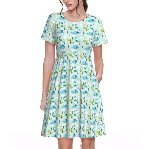 Robe décontractée à manches courtes motif dinosaure pour femme au quotidien