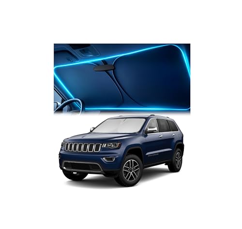 Windshield Sun Shade for Jeep Grand Cherokee 2011-2026 Custom Fit Sun Shield with Mirror CutOut Blocks Heat & UV Foldable with Storage Pouch - Jeep Grand Cherokee Windshield Sunshade