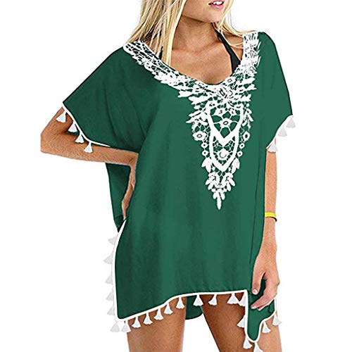 TOPUNDER Summer Dresses for Women Women s Crochet Chiffon Tassel Swimsuit Beach Bikini Cover Ups for Swimwear Green