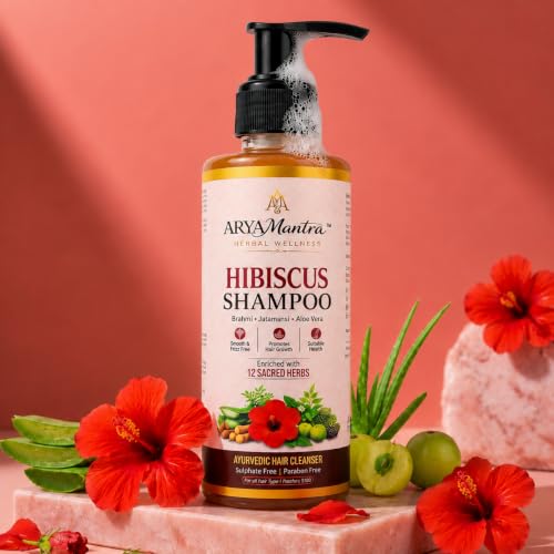 Image of Hibiscus Ayurvedic Shampoo for Smooth & Frizz-Free Hair | Advanced Conditioning & Hair Repair Formula with Hibiscus, Brahmi, Jatamansi & Aloe Vera | 12 Herbs Herbal Shampoo | Sulphate & Paraben Free | Helps Control Dandruff | For Men & Women | 200ml (Pack of 2)