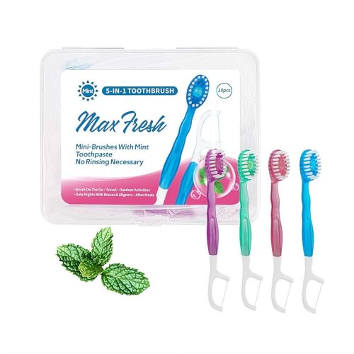 Disposable Toothbrushes with Toothpaste, 5-in-1 Tool(Mini Toothbrush & Floss & Tongue Scraper & Toothpick Set) with Bursting Bead–Portable Oral Care for Home&All in-One Oral Care on The Go (A 10pcs)