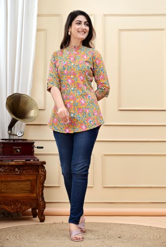 Image of Women's Rayon Floral Printed Short Kurti | Regular Fit | Mandarin Collar | Casual Wear for Office, College