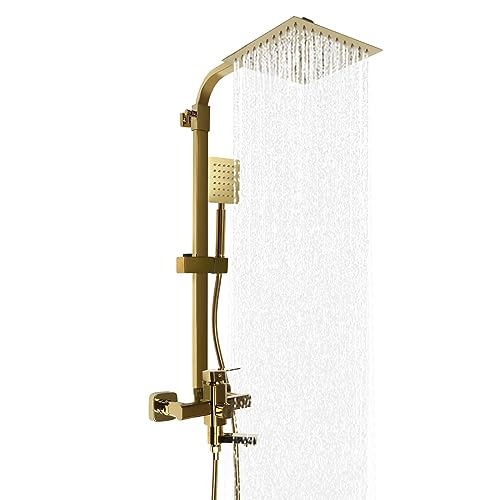 QUIOTUIR Systèmes de Douche Or en Laiton avec Douche Supérieure Rotative à 360° Douche à Main Robinet de Baignoire Hauteur Réglable Colonne de Douche...