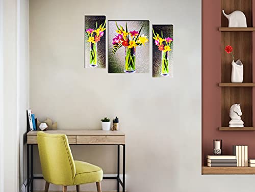 Image of Indianara Set of 3 Multicolored Flowers in a Pot MDF Art Painting (63 FL) without glass 4.5 X 12, 9 X 12, 4.5 X 12 INCH