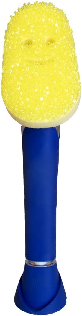 Dish Wand Scrubbing Brush with Handle, Soap Dispensing Dish Brushes, Texture Changing Washing Up Sponges With Liquid Dispenser, Dish Scrubber with Scraper & Detachable Head Sponge, Blue