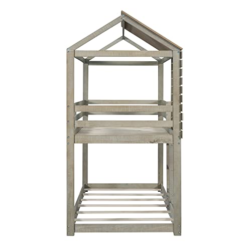 Meritline House Bunk Beds For Kids, Floor Bunk Beds Twin Over Twin, Wood Twin Bunk Bed With Roof And Guardrail, Kids Bunk Beds For Girls, Boys,Teens, No Box Spring Needed, Antique Grey #TOP3