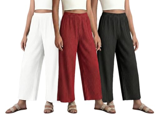 Image of Set of Combo Trouser and Pants for Girls and Women's Relaxed Fit Stretchable Regular Fit Palazzos Lightweight Elastic Waistband Bottoms for Daliy Office & Casual Wear