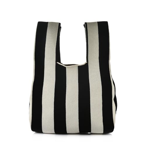 Image of Women Knitted Hobo Purse Stripes Crocheted Colorblock Knot Light Wristlet Tope-hanle Handbag For Shopping Work School